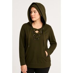 Cable & Gauge Womens Green Large  Distressed Lace Up Pullover Hoodie Casual